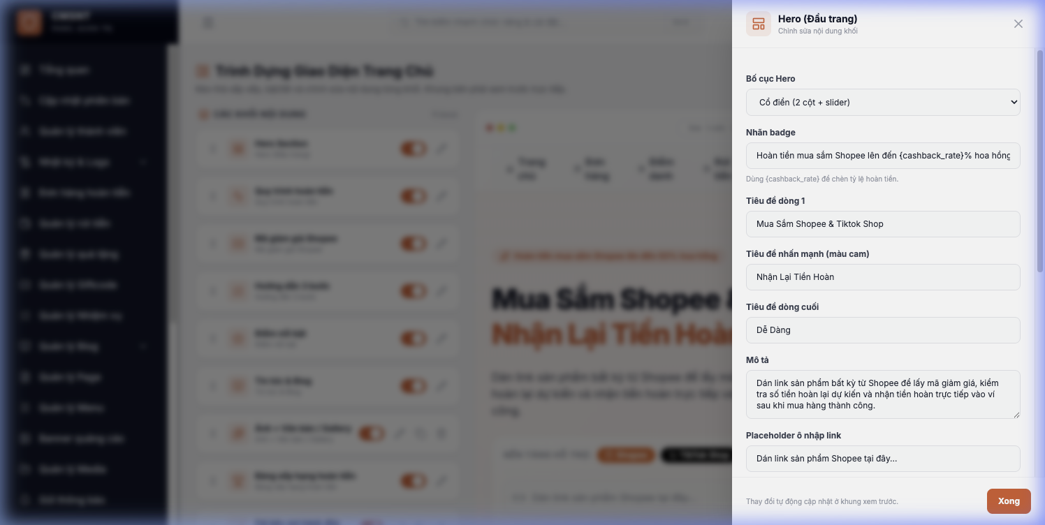 Giao diện bảng chỉnh sửa chi tiết block và AI