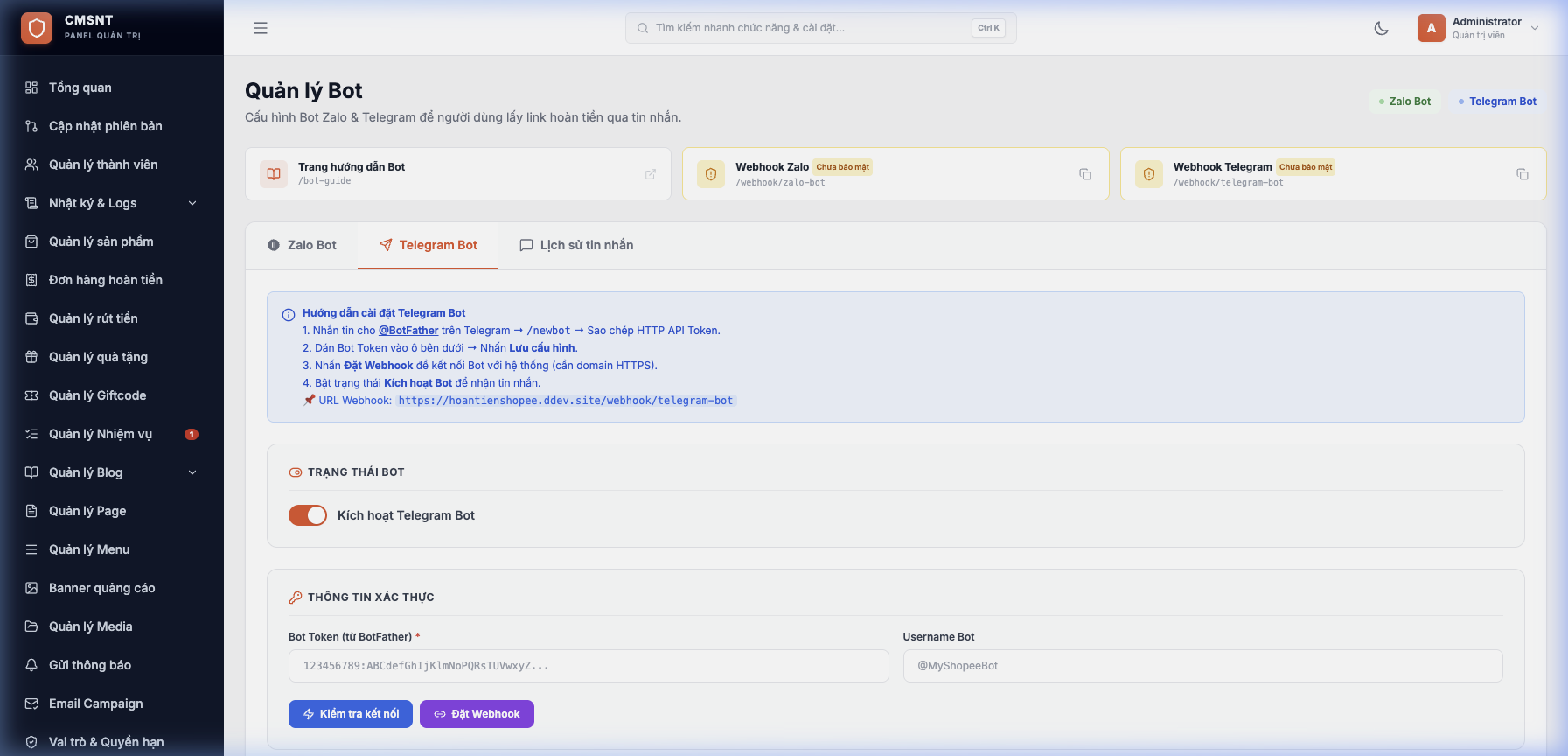 Giao diện cấu hình Telegram Bot