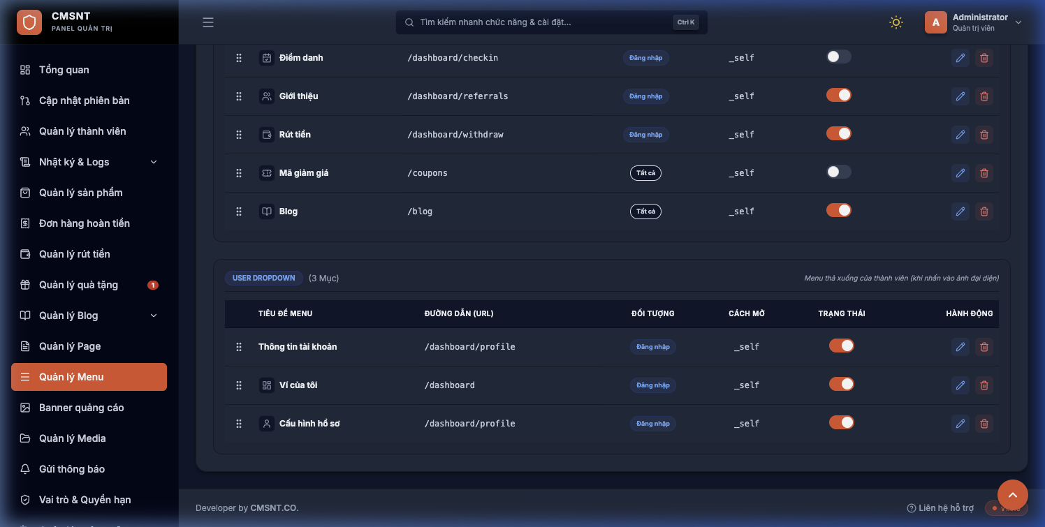 Quản lý vị trí Footer và User Dropdown