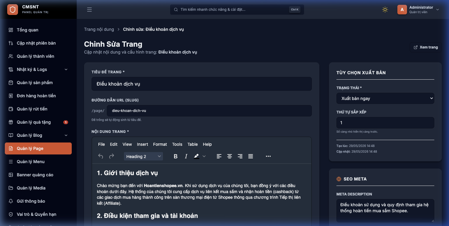 Giao diện soạn thảo trang tĩnh