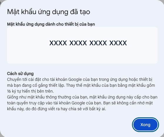 Màn hình hiển thị mật khẩu ứng dụng vừa được tạo