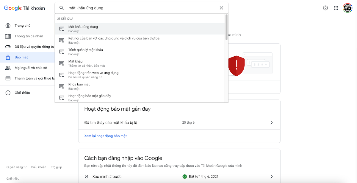 Tìm kiếm mật khẩu ứng dụng trong Tài khoản Google