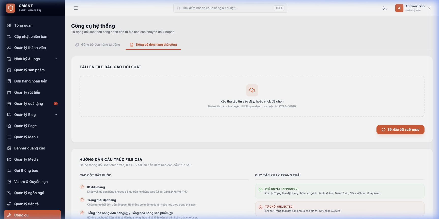 Giao diện đồng bộ đơn hàng Shopee thủ công bằng file CSV